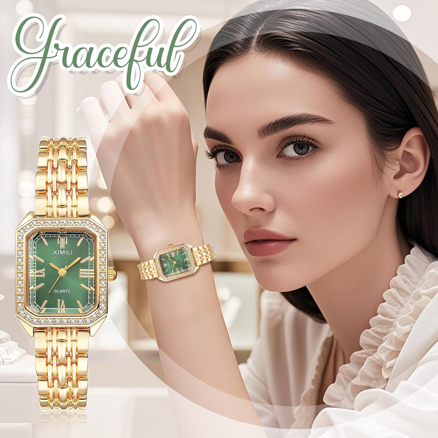 Lancardo Elegant Square Quartz Watch: Womens Bling Gold Tone Case Green Dial Removable Stainless Steel Strap Lady Business Casual Party Dress Wristwatch - Image 5