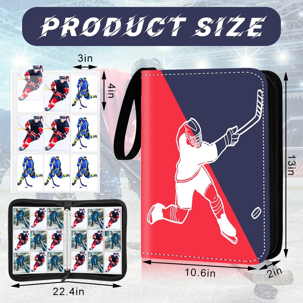 9 Pocket Hockey Card Binder, Premium Zippered Trading Card Binder, 900 Double Sided Pocket PU Collection Binder, Water Resistant, 3 Ring Collector Album, Card Folder for Hockey Sport Cards Display