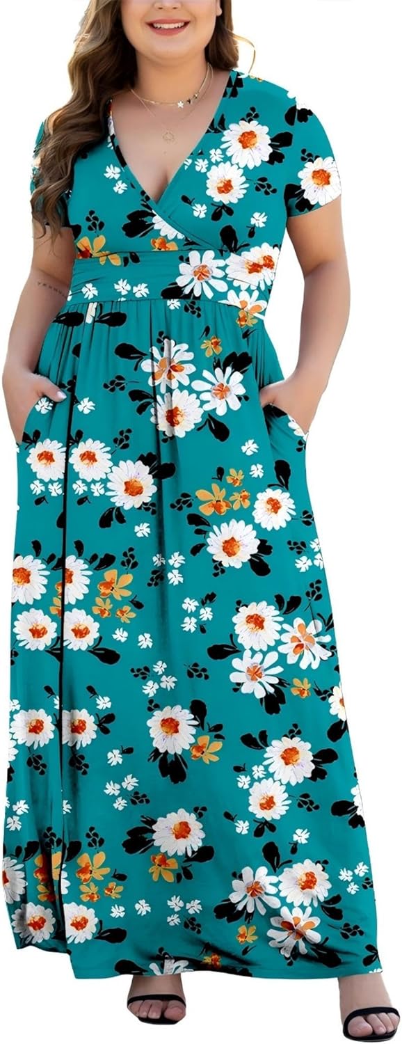 HAOMEILI Women's L-5XL Short Sleeve V-Neck Plus Size Maxi Dresses with Pockets