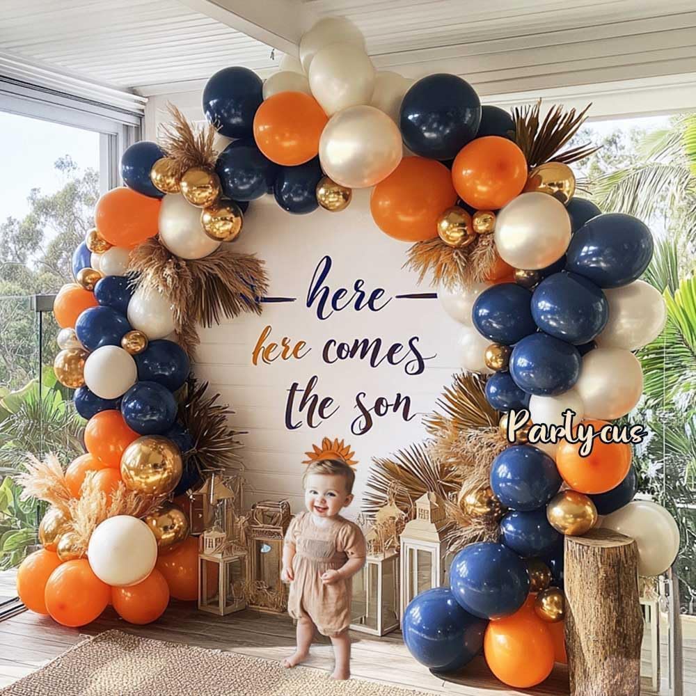 Navy Blue Orange Balloon Garland Arch Kit, Double Stuffed Dark Blue Burnt Orange Pearl White Sand Gold Balloon for Birthday Baby Shower New Year Party Decoration