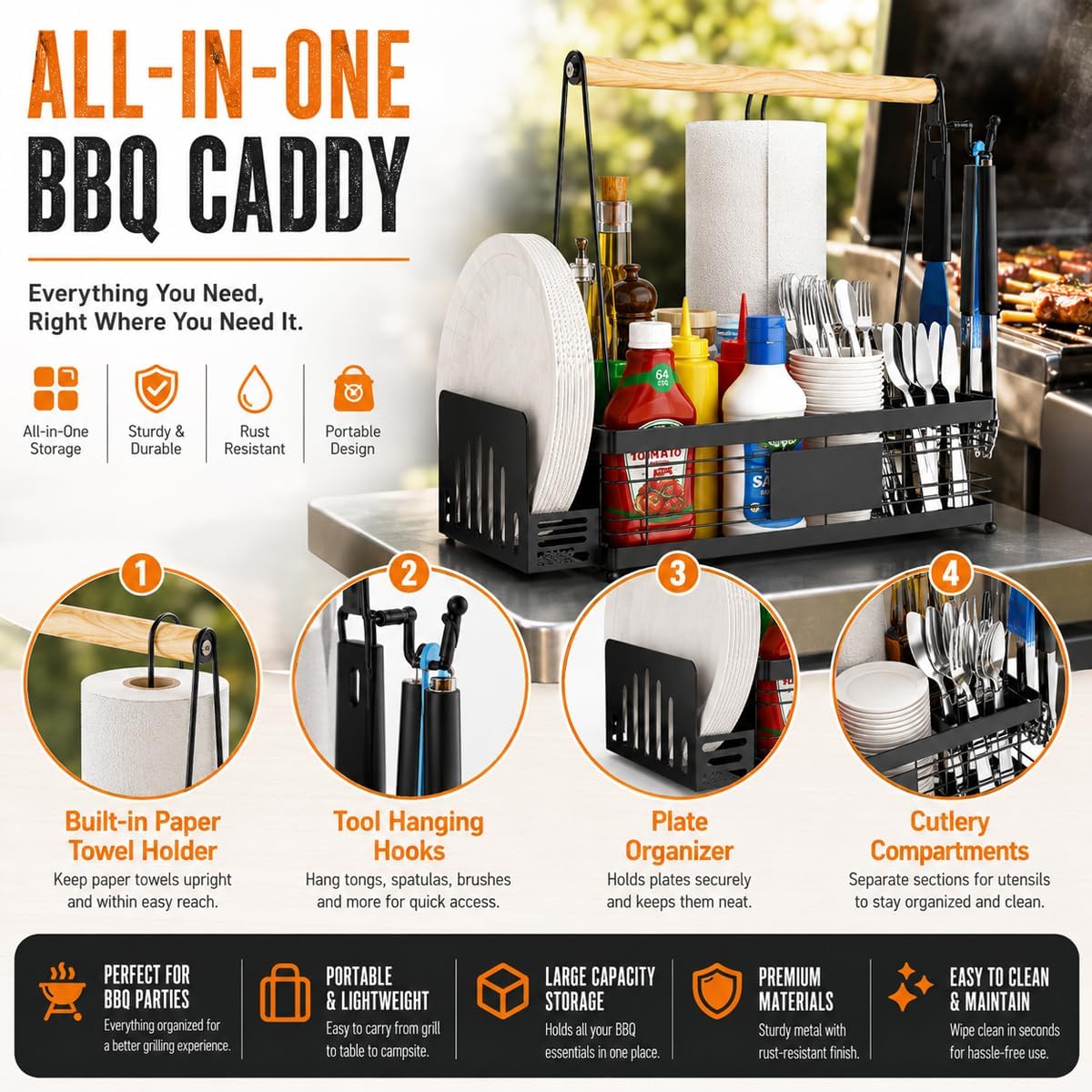 Portable BBQ Grill for TEC Cherokee FR 2012-2026, Multi Compartment Outdoor Grilling Organizer with Plate Rack, Paper Towel Holder & Tool Hooks for Camping,A image 5