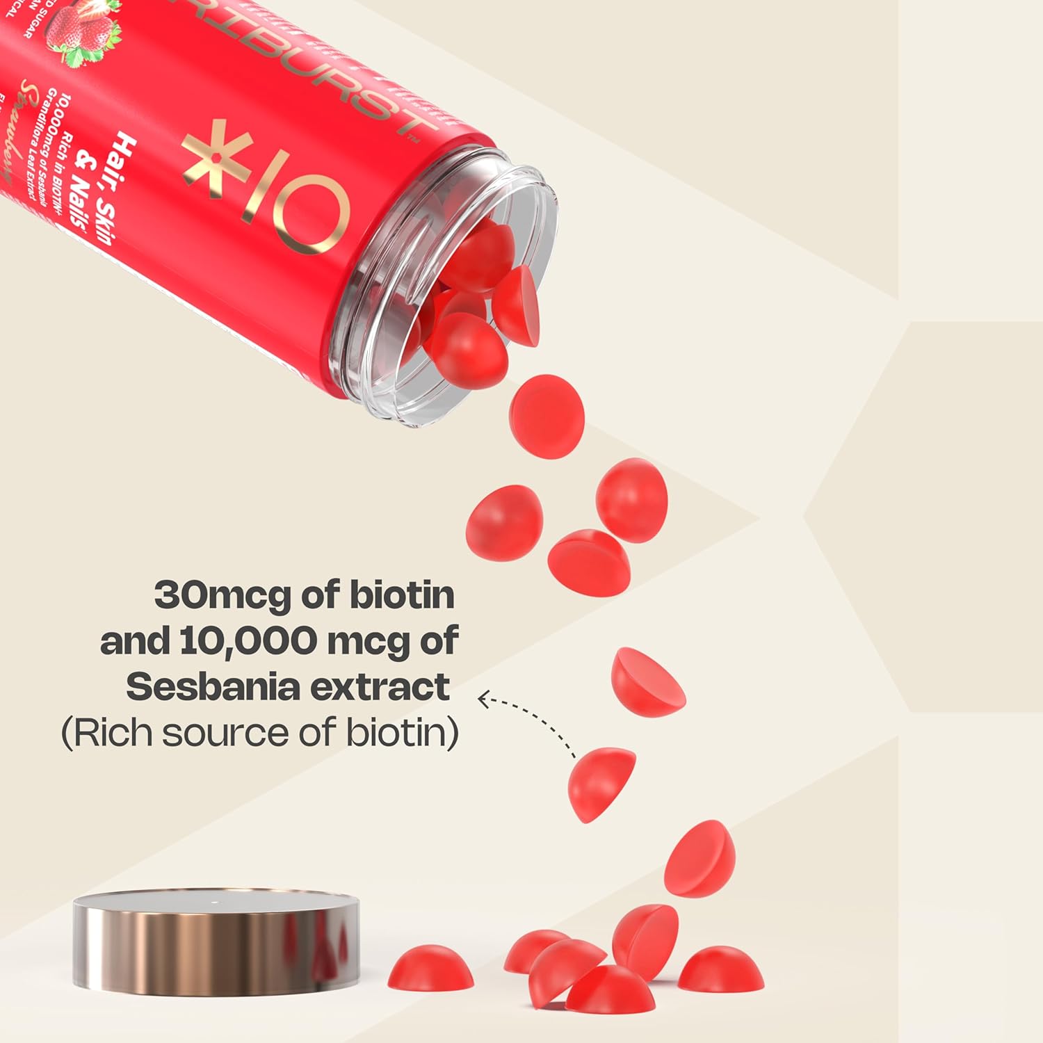 Biotin Gummies for Healthy Hair, Skin & Nails Growth | With High Potency 10000 mcg of Sesbania Extract Natural Biotin,Folic Acid & Multivitamins | No Added Sugar, Strawberry Flavor|30 Gummy