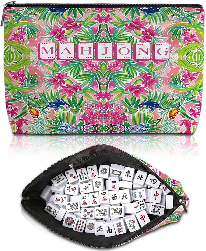 Bolsa para peças de Mahjong Blue Leaves com estampa floral e pássaros, modelo 1456