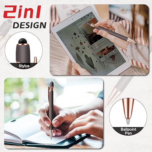 Miniatura 84 de 12 bolígrafos con punta de lápiz capacitivo, 0.039 in de tinta negra, bolígrafo de metal para pantallas táctiles, bolígrafo 2 en 1 (cian y oro rosa)
