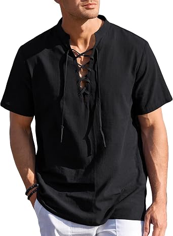 Mens Pirate Shirt henley shirts for men Viking Costume Men Retro Style Short Sleeve Medieval Renaissance Shirt