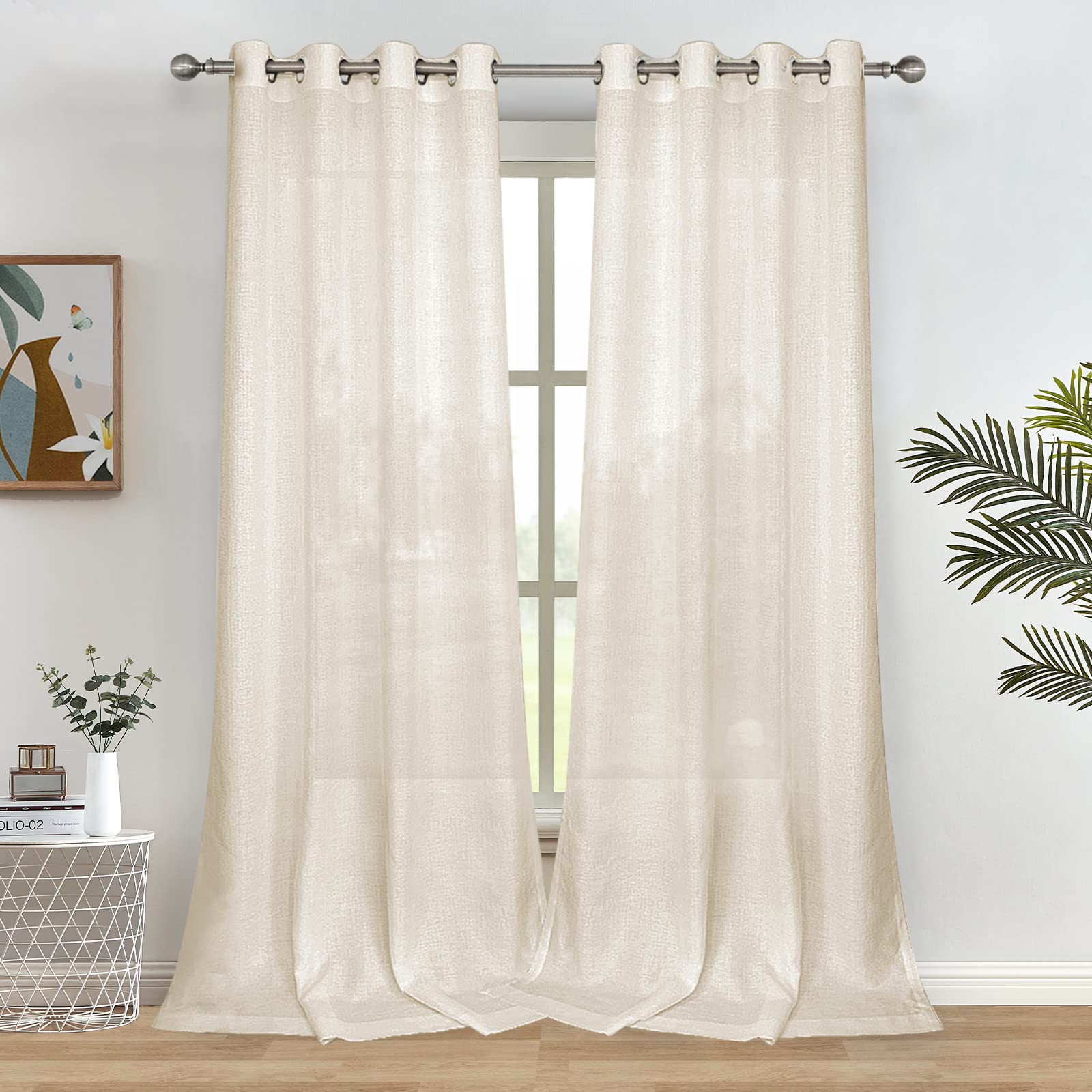 Melodieux Tende Semi-Velate Beige Naturale, Lunghe 213 Cm, Per Soggiorno, Camera Da Letto, In Lino, Con Occhielli In Voile, 132 X 213 Cm (2 Pannelli)-image