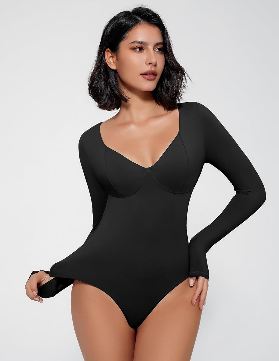Avidlove Body para mujer de manga larga con doble forro y cuello en V Body con control de barriga