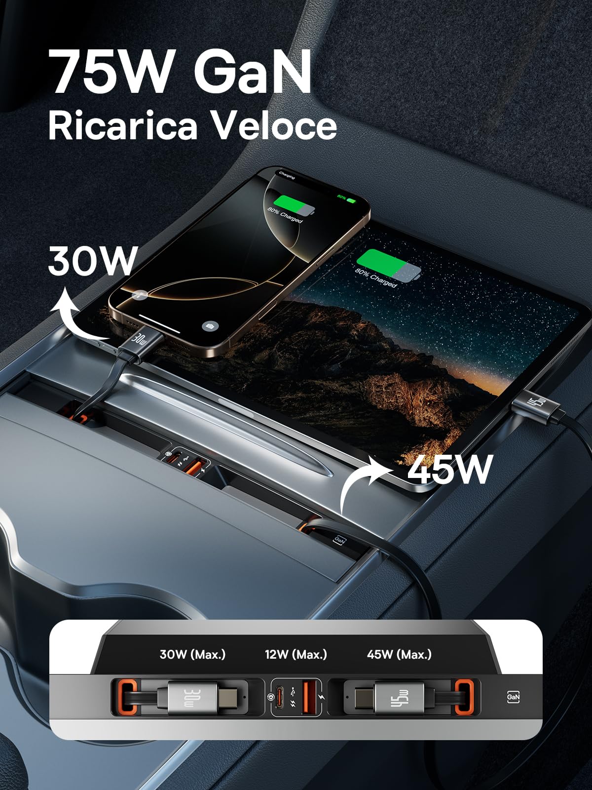 Baseus Hub USB 45W per Tesla Model Y e Model 3 2021 2022 2023, Caricabatteria Auto Multiporta 4 in 1, Docking Station con Hub Estraibile e Cavo di Ricarica Rapida, Accessori Model 3 e Model Y