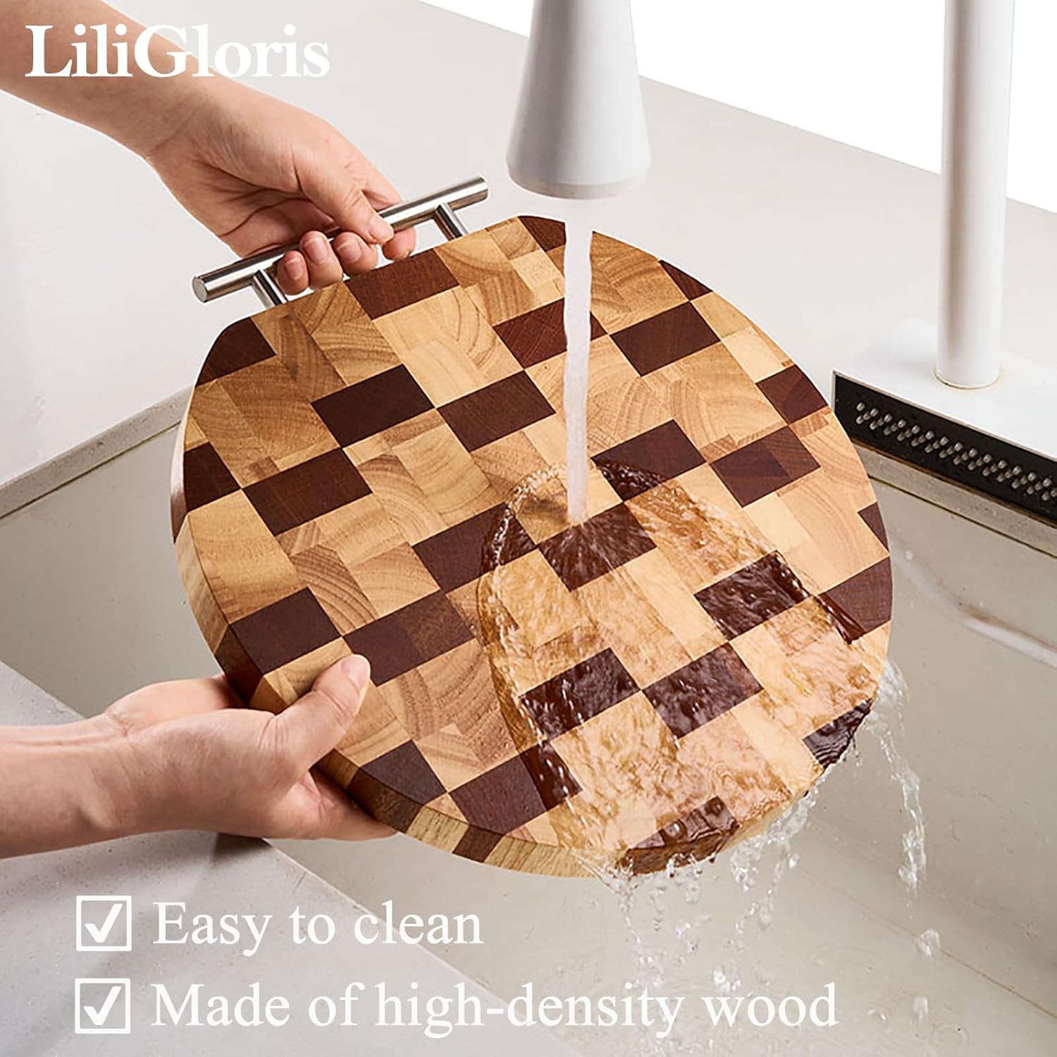 Checkered Cutting Board - Thickened Design, Ideal for Meat and Vegetables, Paint-Free & Wax-Free, Durable & Wear-Resistant, with Metal Handle for Easy Grip