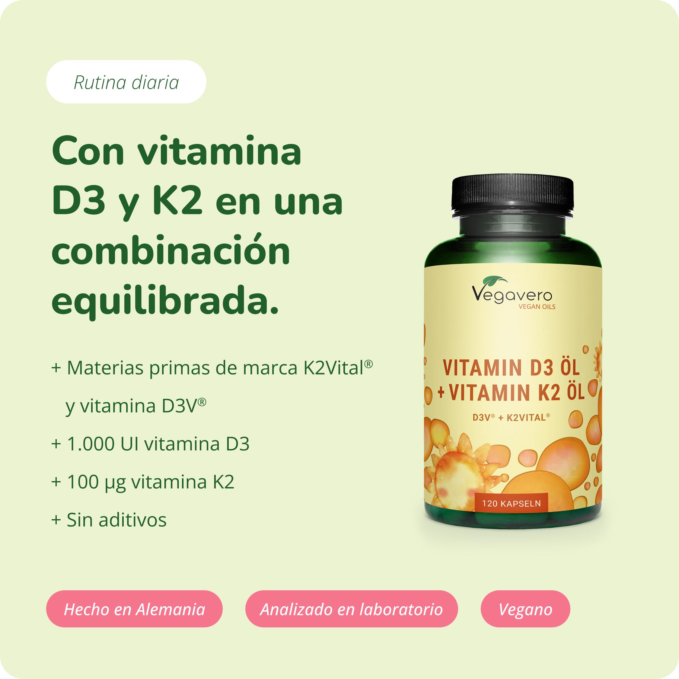 Vitamina D3 y K2 | Perfecta Dosis – Probado en Laboratorio | MK7 >99% All-Trans | Calcio, Sistema Inmune y Resistencia | 100% Vegano & Sin Aditivos | Para 4 meses | Vegavero