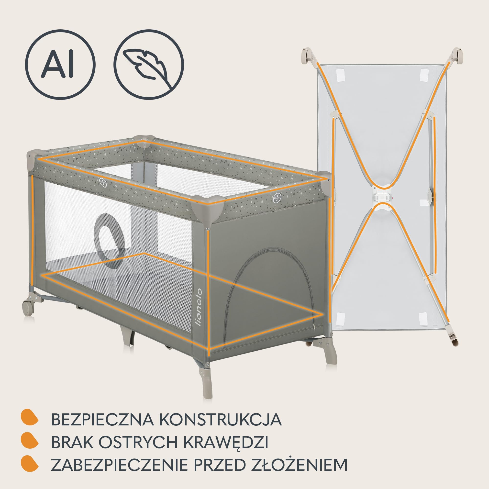 Lionelo Stefi 2 w 1 łóżeczko turystyczne, łóżko dziecięce z przewijakiem, przewiewne ścianki, system LockGuard, łóżeczko przenośne do 15 kg, składane, torba transportowa