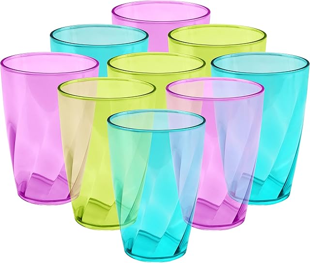 Belle Vous 9 Pack Plastic Coloured Cups - 400ml/13.5oz Reusable Drinking Tumblers in 3 Colours - Hard Plastic Drinkware Set for Parties, Camping, BBQs, Picnics & Beach - Dishwasher Safe & BPA Free