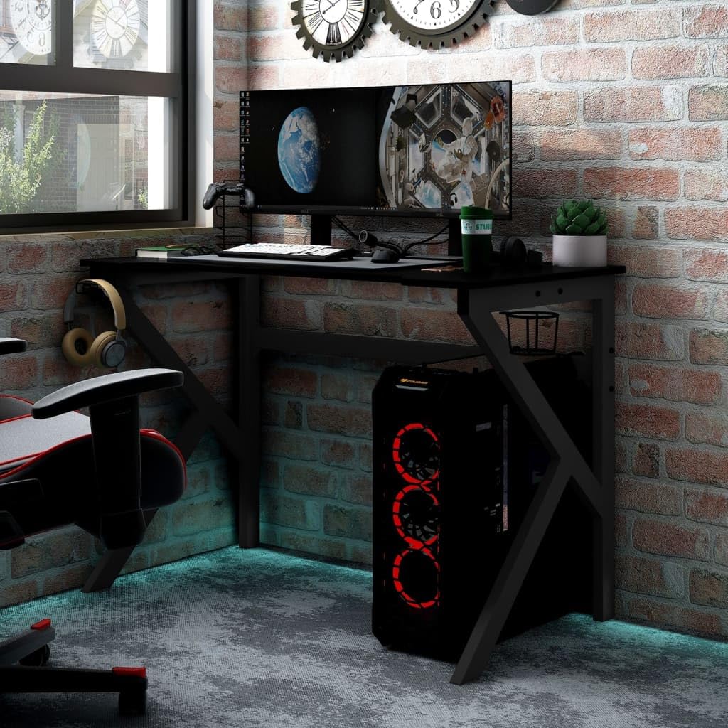 Scrivania,Supporto per stampante,Piccola postazione di lavoro in casa,Scrivania per computer in stile moderno,Scrivania da Gaming con Gambe a Forma di K Nera 90x60x75cm