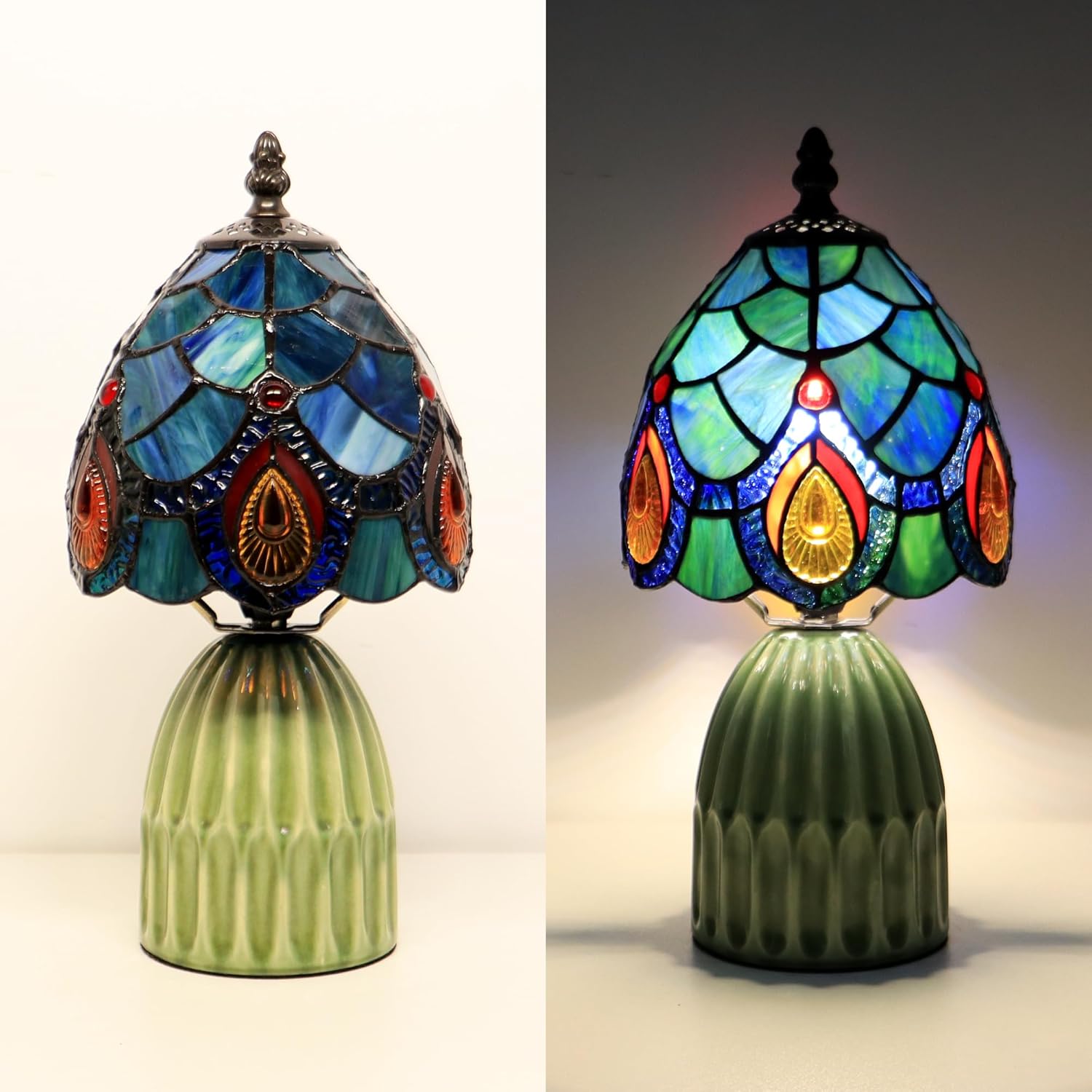 Tiffany Lamp Stained Glass Mushroom Table Lamps 6X6X12.5 Inch Sea Blue Peacock Tail Style Small Night Light Ceramic Base Mini Accent Desk Light Suitable for Bedside Table Bedroom Children Room