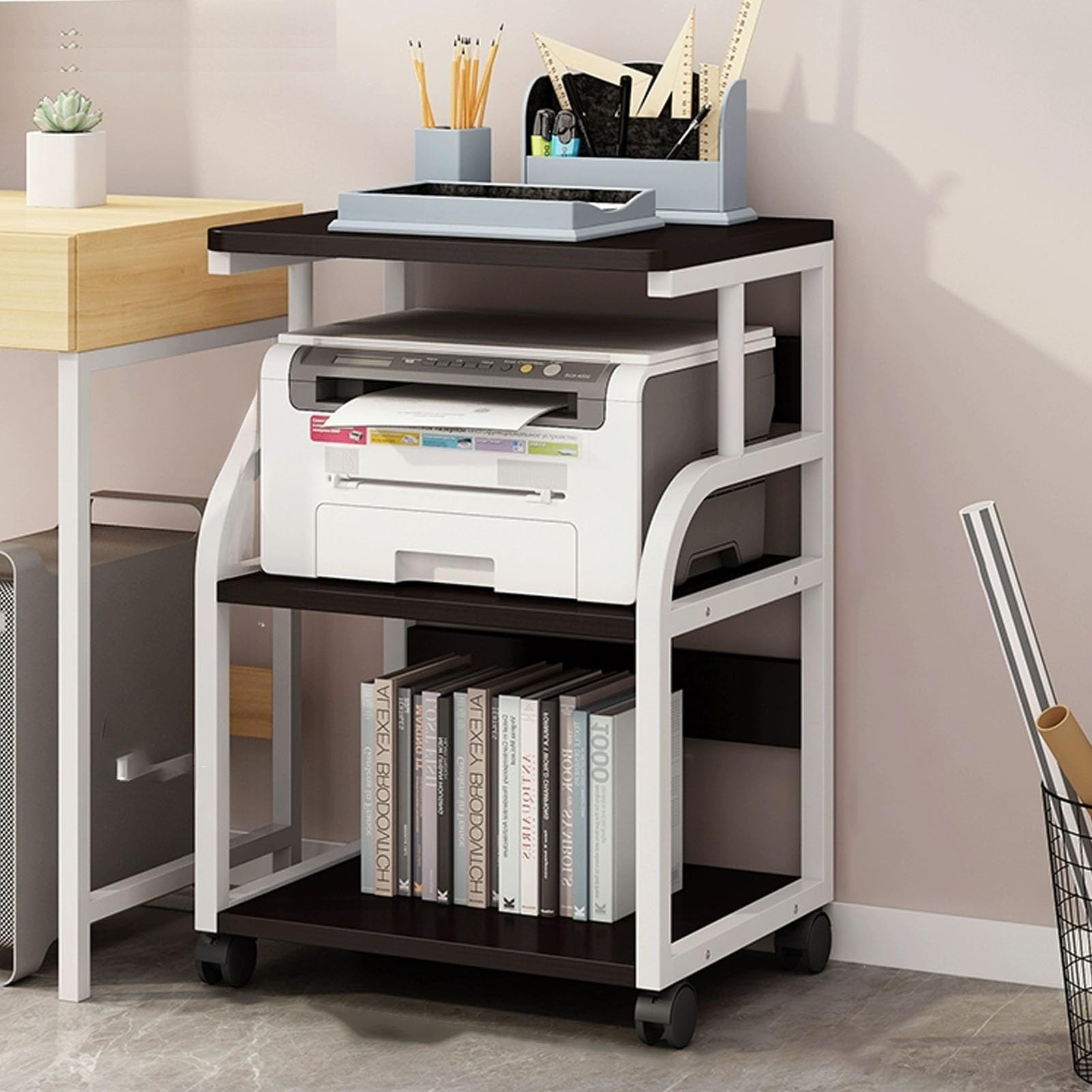 Carrello multifunzione per stampante su ruote, ripiano a 2/3/4 ripiani per forniture per ufficio, supporto per stampante resistente, elegante bianco e noce, perfetto per uso domestico e ufficio