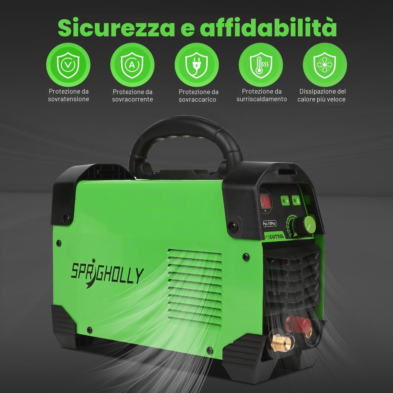 Macchina Taglio Plasma con Pilot Arc Non-Touch da 50 Amp e 240V, con un Max Cut di 16 mm, un Clear Cut di 12 mm, display digitale e aggiornamento CUT50L