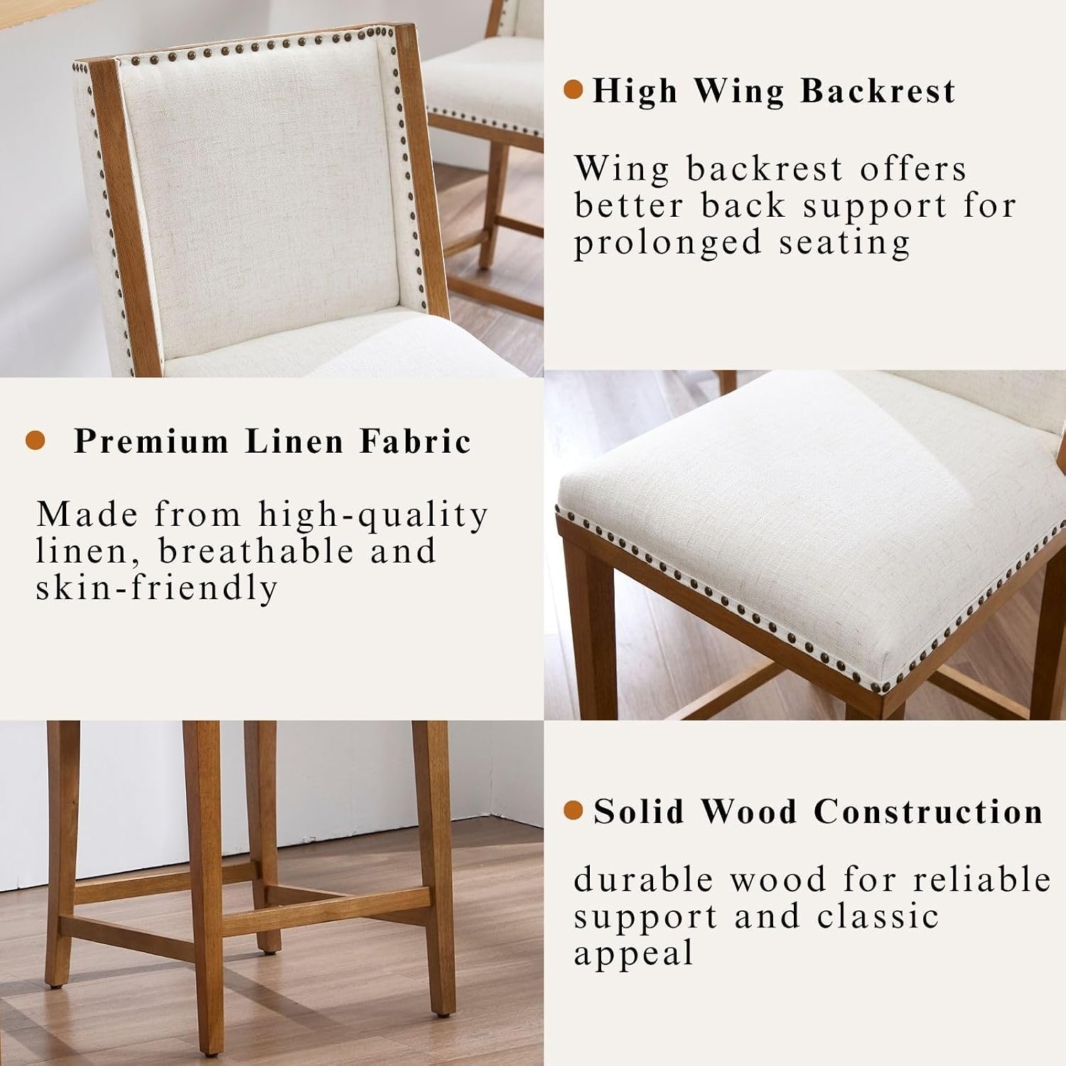 Upholstered Farmhouse Bar Stool Set of 2, 26" Counter Height Barstools with Nailhead Trim, Linen Fabric Breakfast Bar Stool Seating for Dining Room/Home Bar/Patio, Beige