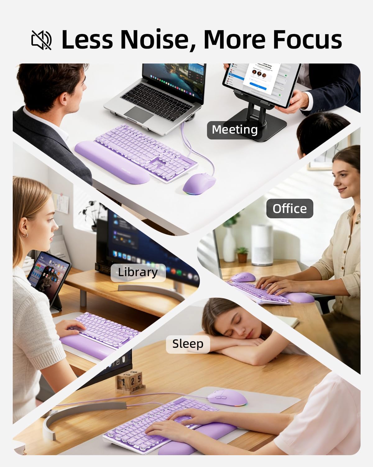 EWEADN GX710S Wired Keyboard and Mouse Combo with White Backlit Pudding Keycaps, Wrist Rest, Full Size, Metal Panel, Quiet Cute Ergonomic Computer Keyboard Mouse Set for Windows PC Desktop - Purple