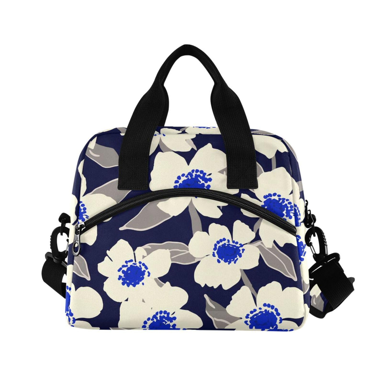 Sinestour Insulated Lunch Bag Reusable Cooler Blue Flower Leaves Lunch Box Adjustable Shoulder Strap for Adults Men Women