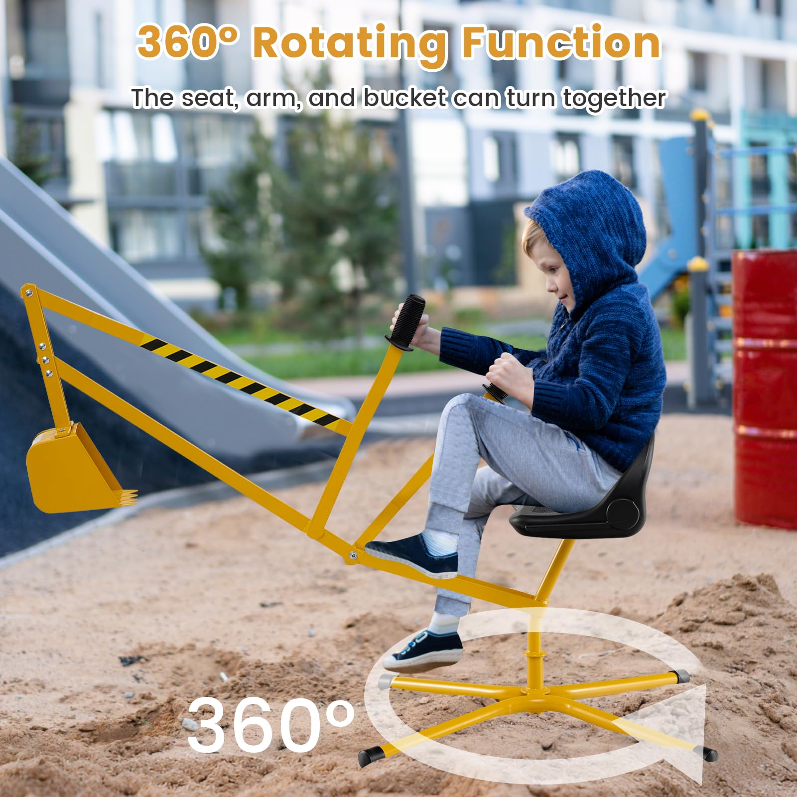 DREAMADE Kinder Bagger für Sandkasten, Metallbagger mit 360° drehbarem Sitz, Flexibler Schaufel, ergonomischer Rückenlehne, Bagger zum draufsitzen für Kinder ab 3 Jahren (Gelb)