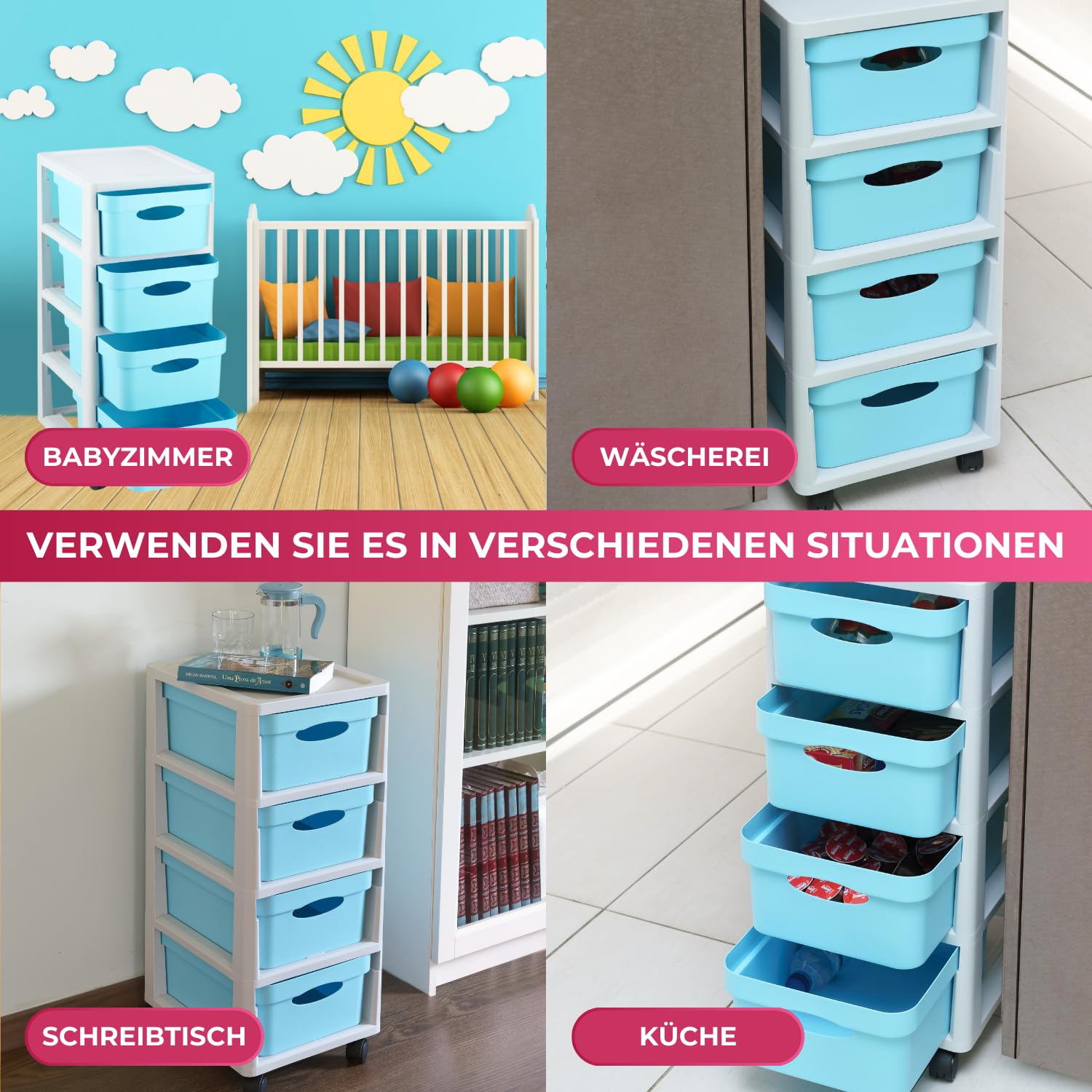 Schubladenschrank Kunststoff Schubladen Plastik Rollwagen mit Rollen Schubladenturm Aufbewahrungsbox Rollcontainer Aufbewahrungsturm Bastelwagen
