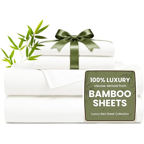 Love's cabin 4 Piece Full Size Sheet Set, 100% Rayon Derived from Bamboo, Cooling & Breathable, Soft Silky Deep Pocket up to 16", Hotel Luxury Bedding for Hot Sleepers, White