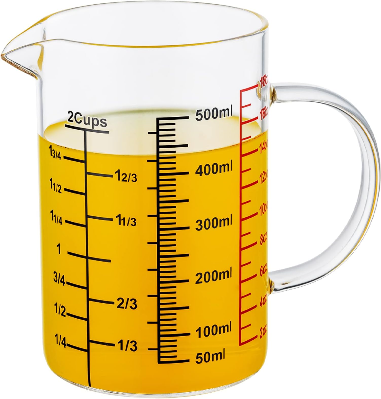 Science Glass Measuring Cup-[Insulated handle | V-Shaped Spout]-Made of High Borosilicate Glass Measuring Cup for Kitchen or Restaurant, Easy to Read, 500 ML (18 Oz, 2 Cup)