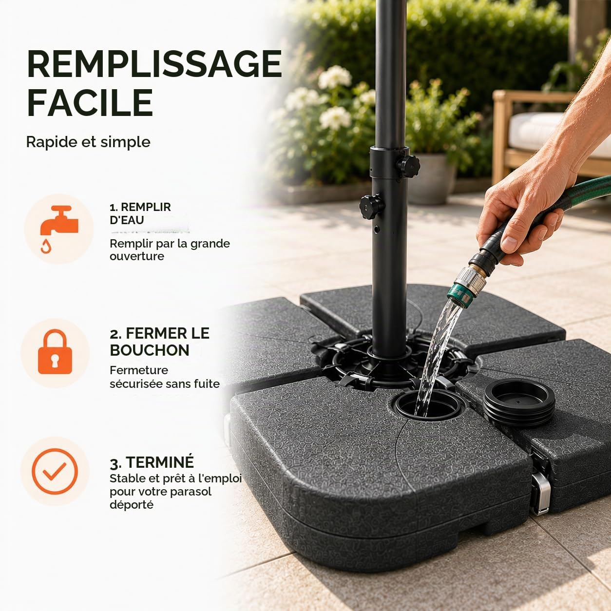 Pied de parasol pour parasol déporté - Poids à remplir pour croix de sol en plastique - Pied de parasol déporté (4 pièces jusqu'à 80 kg, plastique)