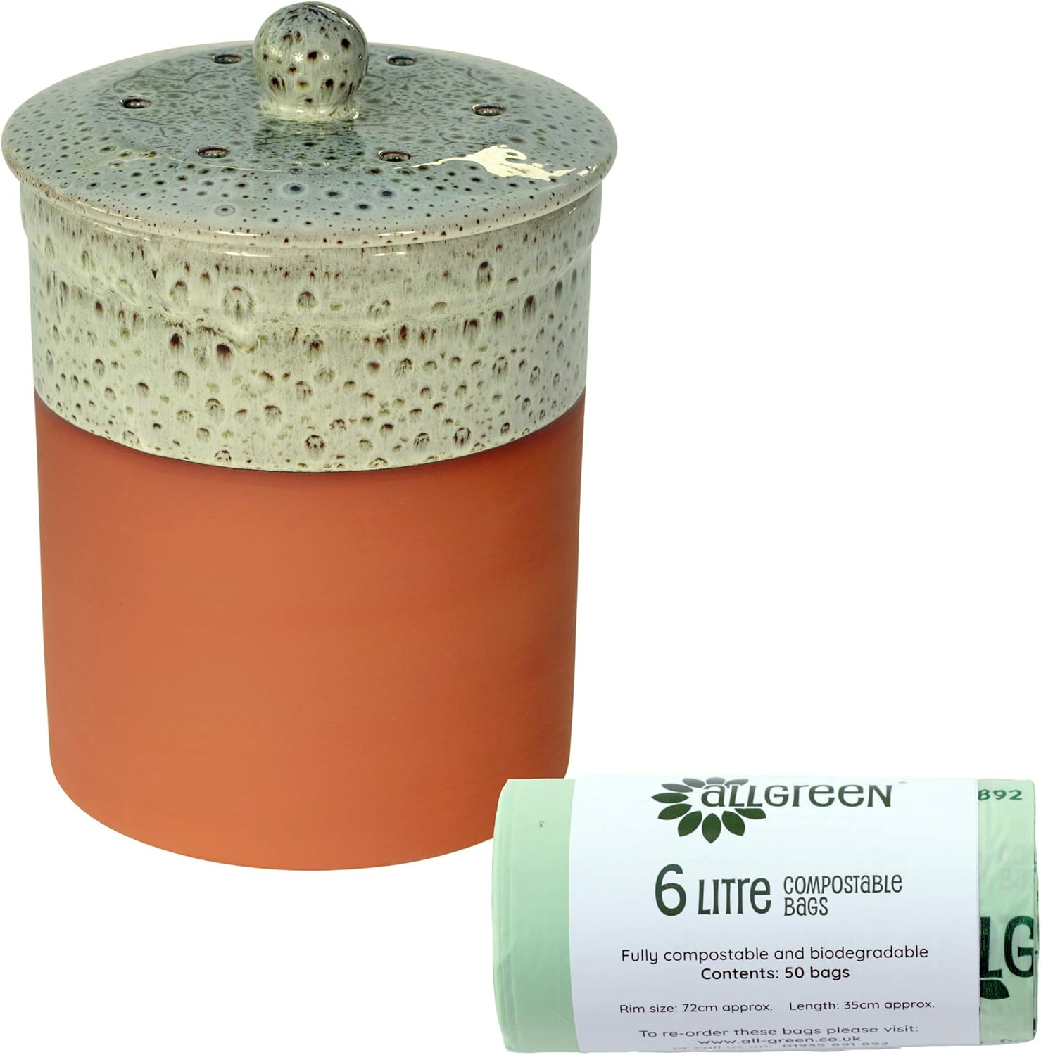 Terracotta Ceramic Kitchen Compost Caddy (Olive green and white colour