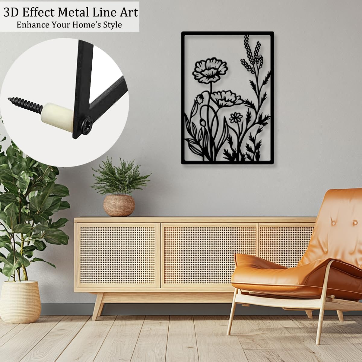 Metal Flowers Wall Décor Minimalist Metal Wall Art for Living Room Bedroom Bathroom, Black Abstract Flowers Line Hanging Art 3D Textured Wall Sculptures 4 Pcs