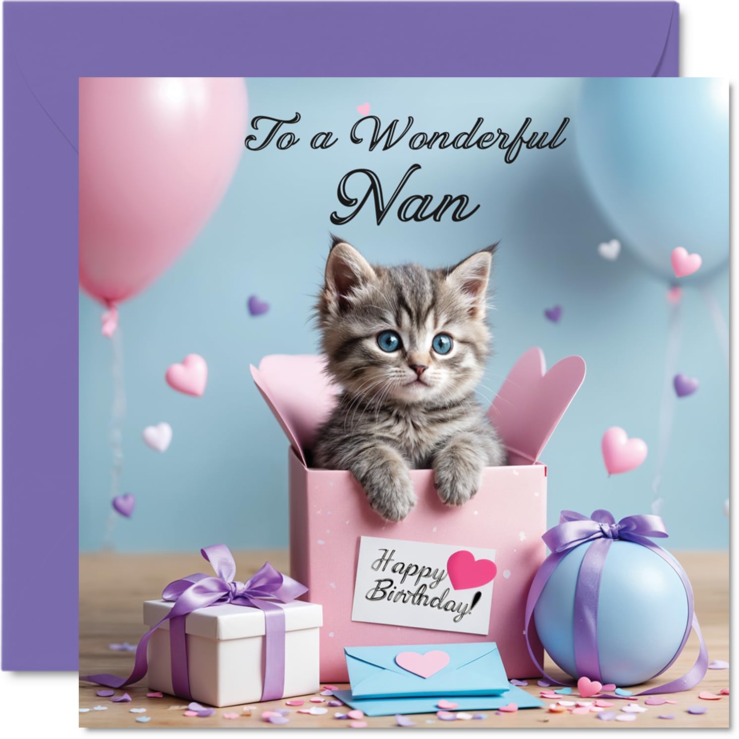 Nan Birthday Card - Cat Present - Happy Birthday Card for Nan from Grandson Granddaughter, 145mm Cat Present Bday Greeting Cards