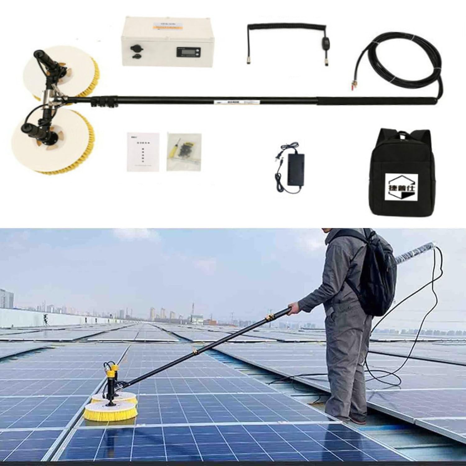 ANXYYDS Solar Panel Cleaning Telescopic Rod, Electric Solar Panel Cleaning Brush 3.5M/5.5M/7.5M Double Disc Automatic Water Sprayer Cleaning Tool, Special Roof Water Brush 7.5m