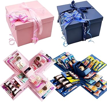 2 PCS Explosion Box, 5 Layer Explosion Gift Boxes, DIY Surprise Box with Tape and Bow Ribbon, Christmas Explosion Boxes for Anniversary Festival Record Memories Blue + Pink