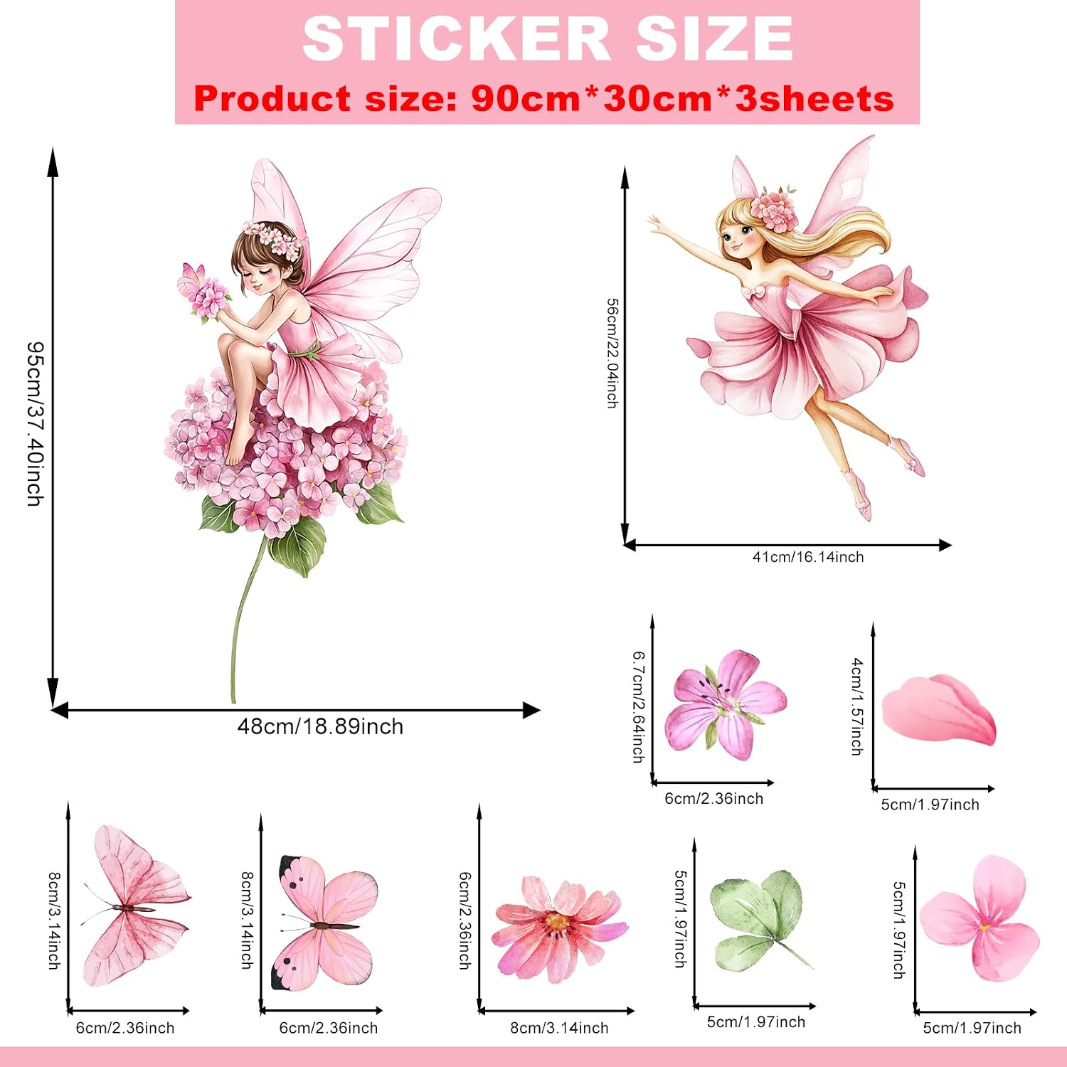 Pink Fairy Flower Wall Stickers for Girls Hydrangea Flower Butterfly Wall Decals Kids Bedroom Nursery Playroom Decor (Butterfly Fairy Hydrangea)
