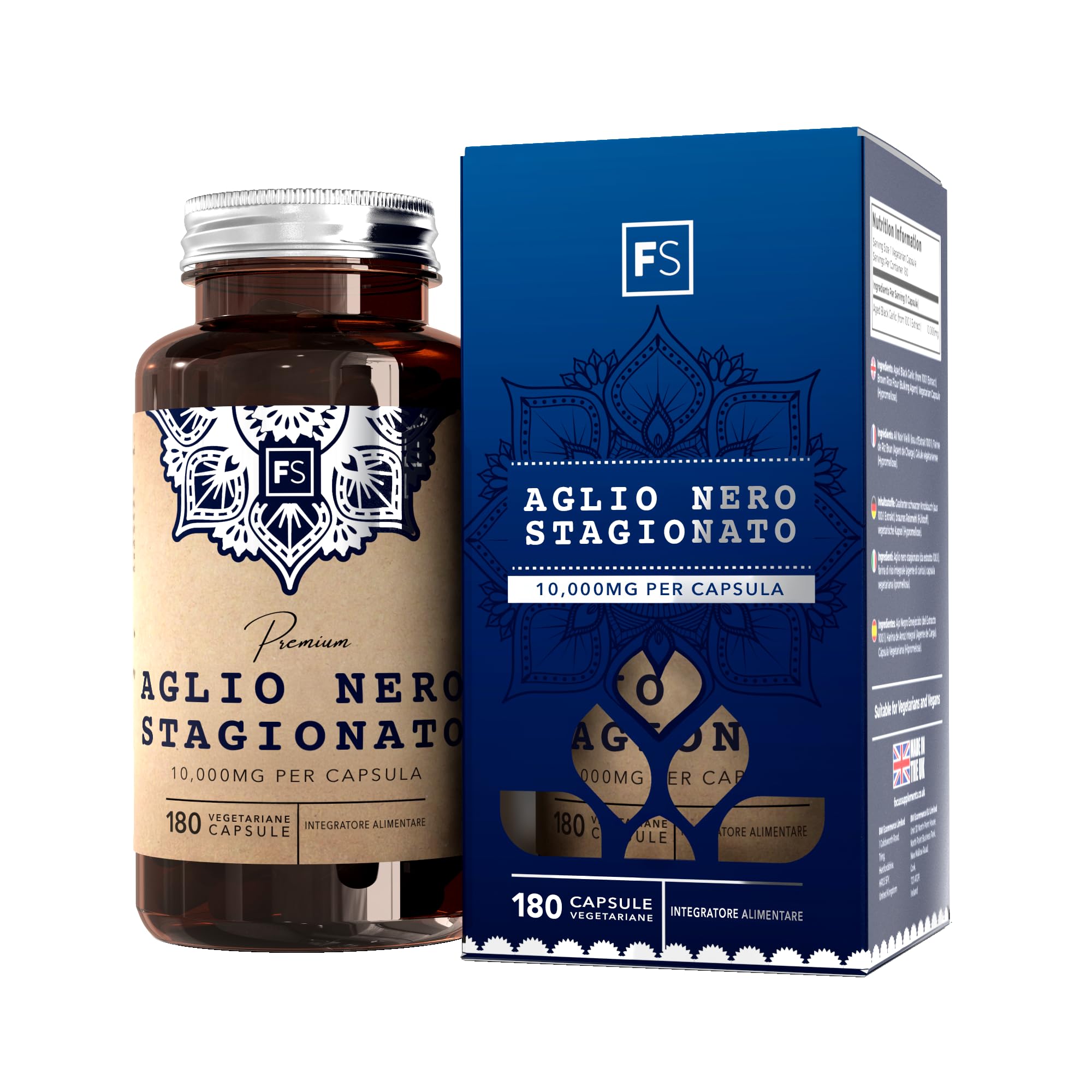 FS Aglio Nero Capsule | 180 Integratore Aglio Capsule ad Alta Potenza - 10.000mg Black Garlic Nero Fermentato per Capsula | Non-OGM, Senza Glutine e Allergeni | Prodotto nel RU
