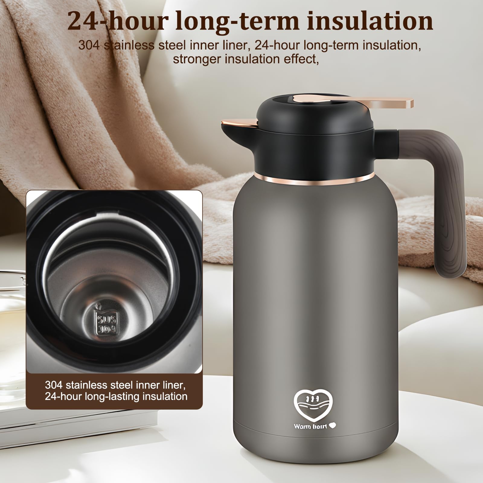 2L Thermoskanne, Kaffeekanne, 24h Heiß, 304 Edelstahl, Ergonomischer Griff, Kaffeekanne Thermo, Isolierkanne Ideal für Kaffee oder Teekanne