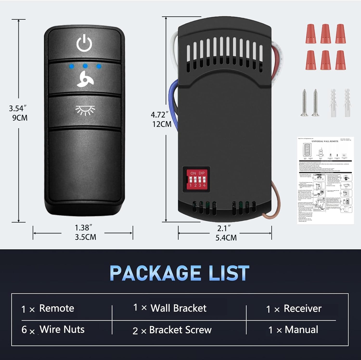 Universal Ceiling Fan Remote Control Kit Replacement for Hampton Bay, Home Decorators Collection 3-Speed Light Dimmer KUJCE10320/TR222A,2AAZPHD3/HD3,98130, with,Light Dimmer with Wall Holder Mount