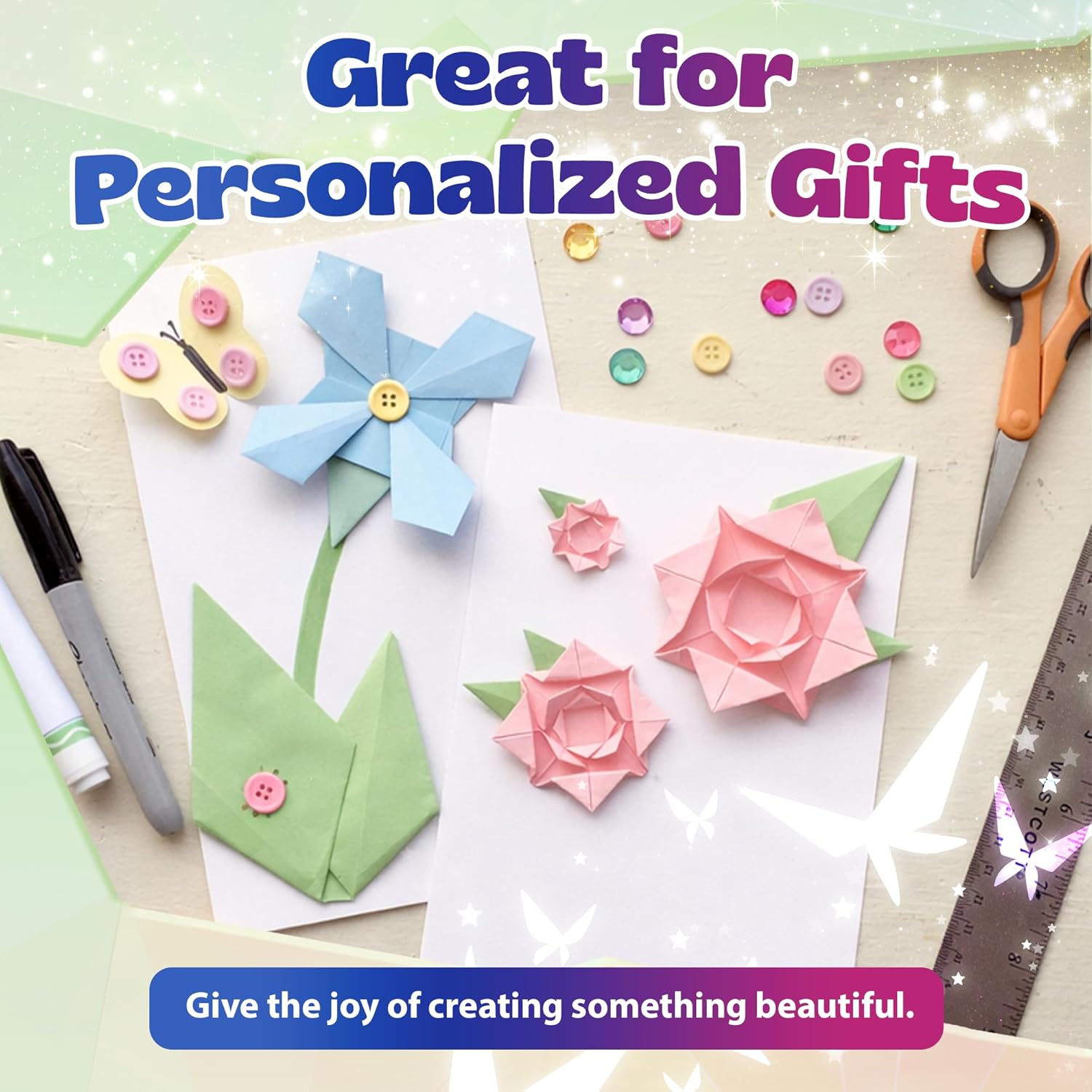 Pinwheel Crafts Flower Origami Kit for Kids Ages 8-12 | 150 Pcs Origami Paper Kit w/Spring Color Folding Papers,Easter Crafts, Chenille Stems,Buttons and Jewels, Arts and Crafts Paper Book for Kids