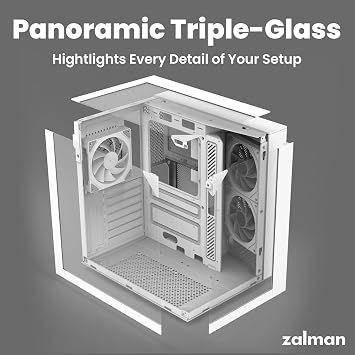 Zalman ZQBE ATX Mid Tower PC Case, 3 x PWM ARGB Fans with Multi-Port Fan Hub RGB Controller Included, USB Type-C 3.2, 240mm Radiator Support, Full-View Panoramic Tempered Glass Panels, White