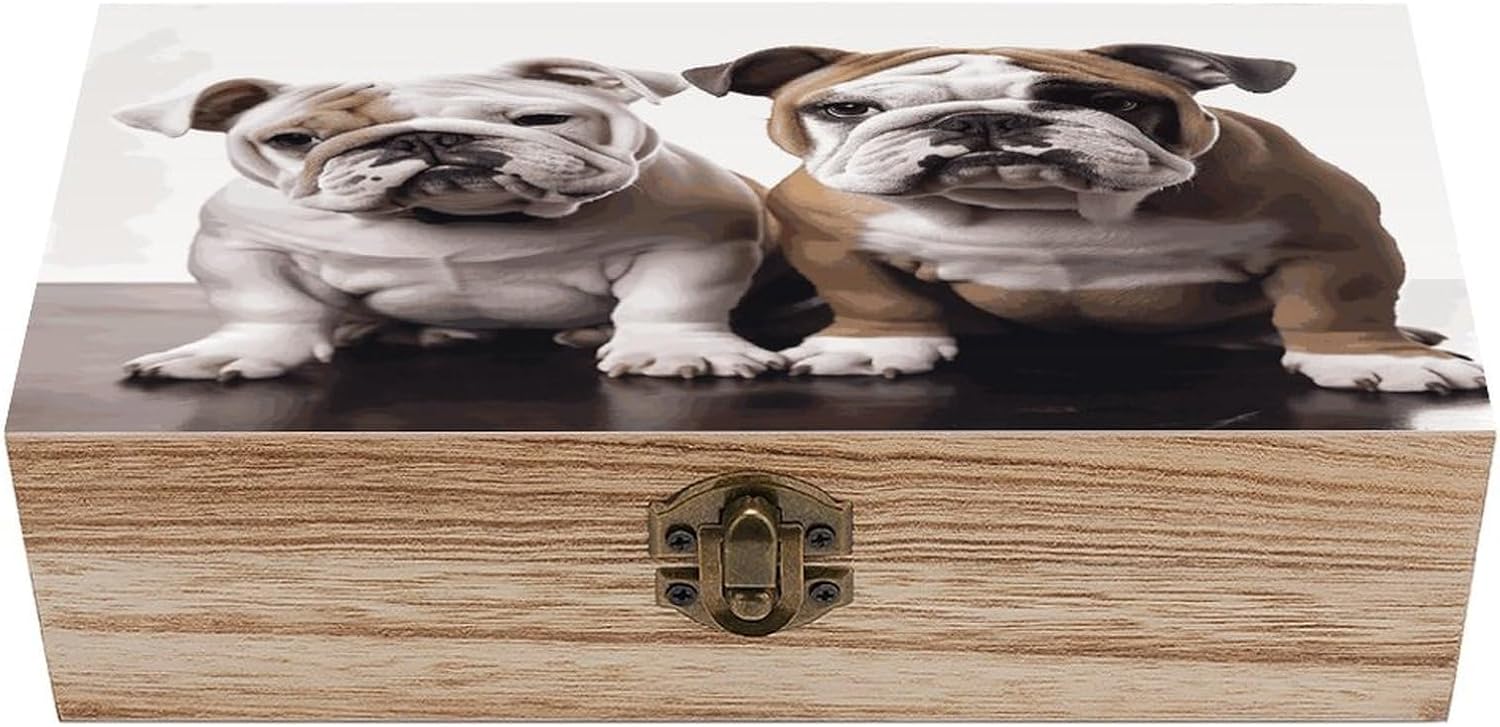 Two Cute Bulldog Dogs Wooden Storage Box Vintage Jewelry Box