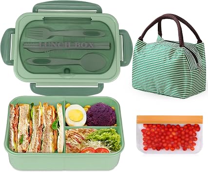 Bento Box Adult Lunch Box with Bag, Lunch Containers for Adults, Leakproof Lunch Box for Adult, BPA Free, 3 Compartment Bento Box Microwave safe, Lunch Bag with Containers Included, Green
