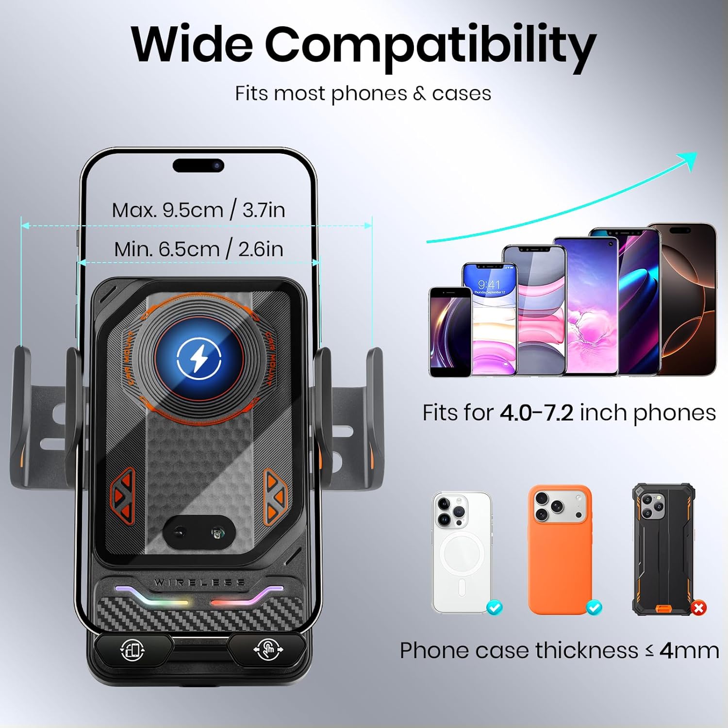 Car Phone Charger Holder, Smart Auto-Clamping Fast Charging Car Phone Holder with Atmosphere Lights, Rotating Air Vent Mount Compatible with All Smartphones (Black)