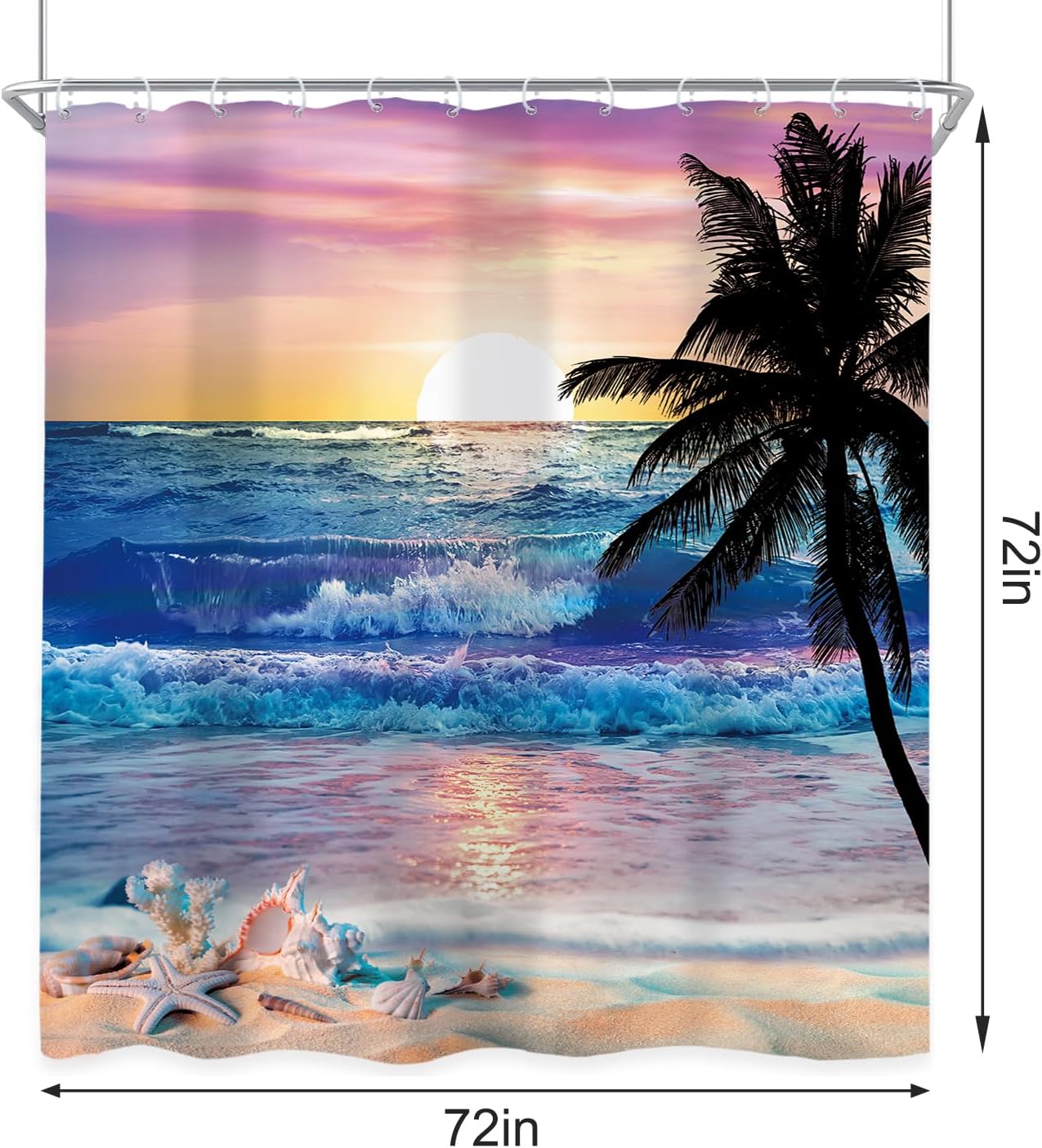 Newsely 4Pcs Ocean Sunrise Shower Curtain Set with Non-Slip Rugs, Toilet Lid Cover and Bath Mat, Beach Tropical Palm Tree Hawaiian Shower Curtain with 12 Hooks, Summer Bath Curtain for Bathroom Decor