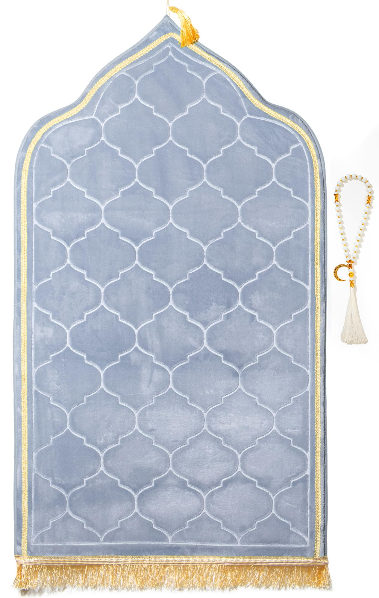 Muslim Prayer Rug with Tasbih Prayer Beads, Soft Memory Foam Prayer Matt Islam, Padded Islamic Prayer Mat Thick for Men and Women, Janamaz, Sajadah (25.6" x 43.3", Grey)