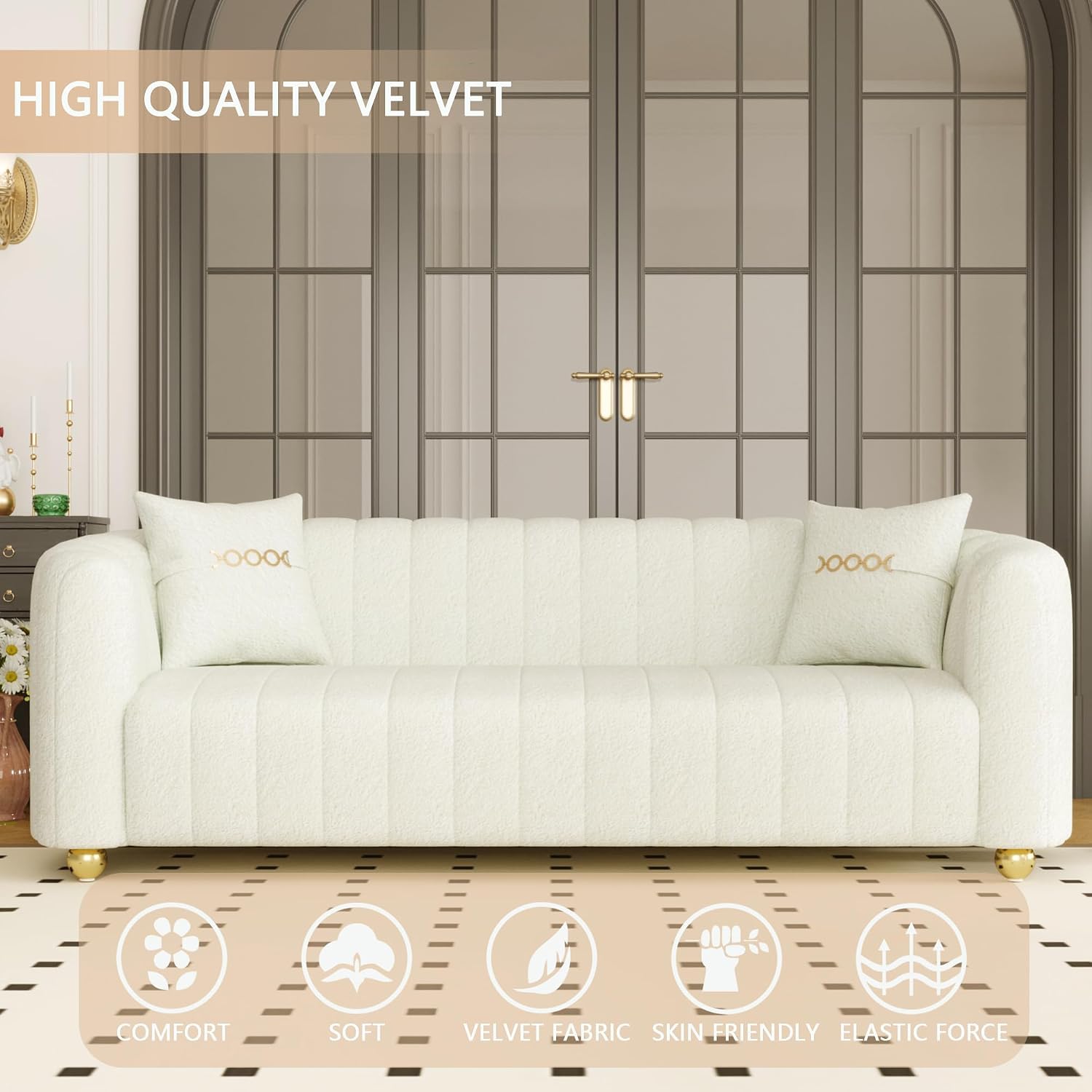 83" Luxury Velvet Sofa Comfy 3 Seat Couch Loveseat Sofa Cream Mid Century Modern Tufted Couch for Living Room Beige Love Seat Sofa with Gold Legs 2 Pillows for Living Rooms Apartments（53-White）