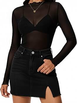 MOHHOM Womens Lace Long Sleeve Mesh Top Mock Neck Sheer