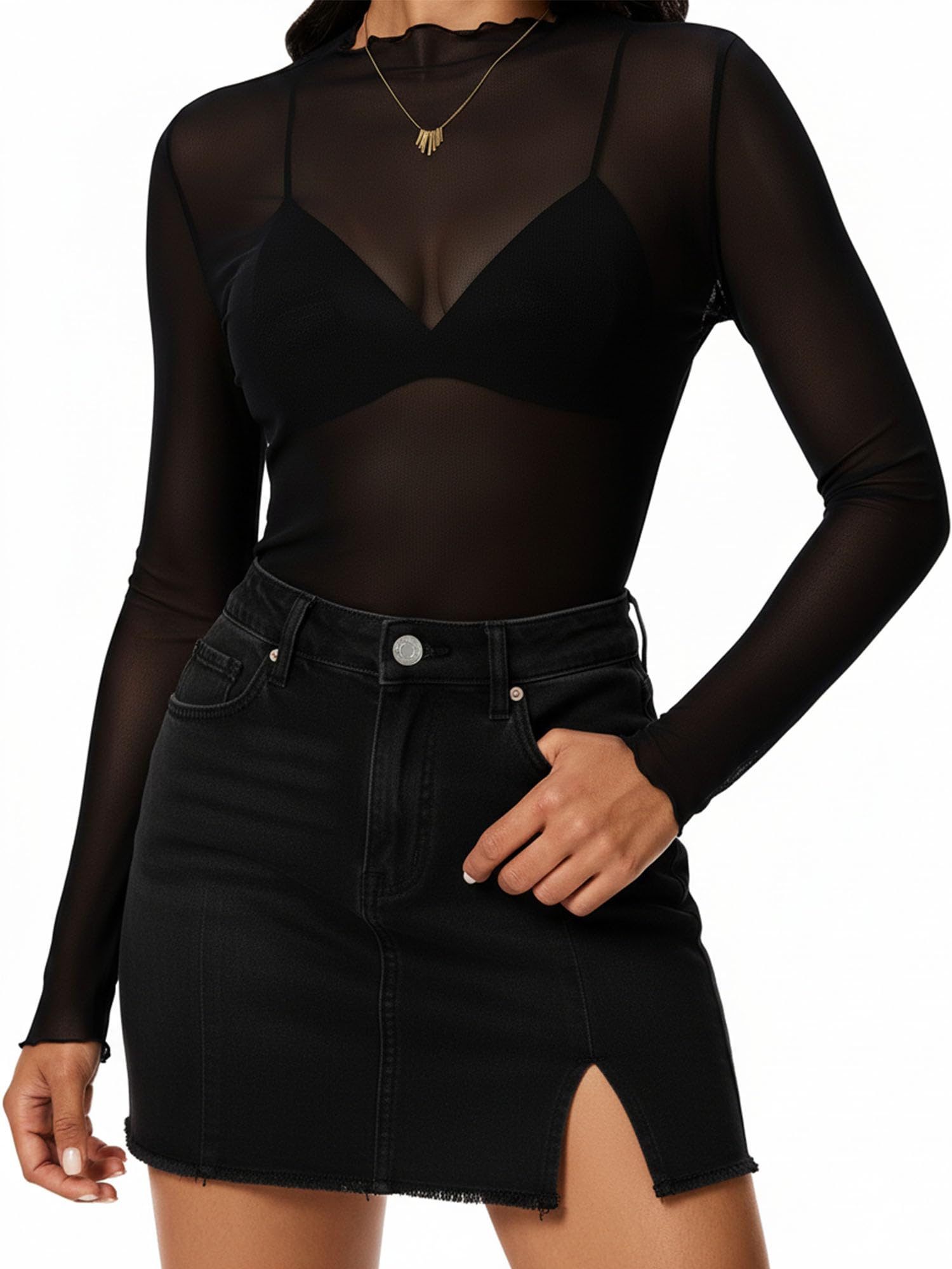MOHHOM Womens Lace Long Sleeve Mesh Top Mock Neck Sheer Blouse See Through Floral Layering Shirt