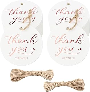 jijAcraft 100Psc Thank You Gift Tags with String,Thank You Tags,Rose Gold Foil Round Tags,Personalized Favor Tags,White Paper Tags for Wedding,Birthday,Baby Shower,Thank You Very Much Gift Tags