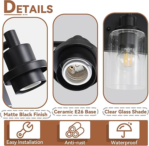 Miniatura 4 de LOUSACE Lámpara de tocador de baño de 6 luces, lámparas de baño negro mate sobre el espejo, iluminación moderna de baño con pantalla de vidrio