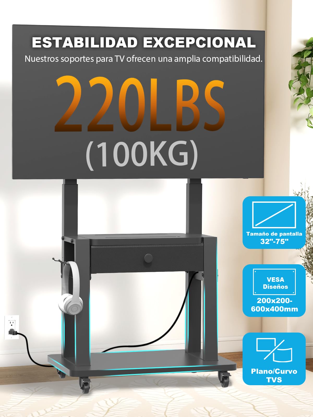 Soporte de TV, Toma de Corriente y cajón de Tela, para TV Planas/Curvas de 32-75", soporta hasta 100 kg, Carro móvil TV con Ruedas y Altura Ajustable, para hogar y Oficina. VESA máx 600 x 400mm Negro